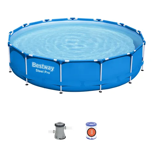 Bestway Steel Pro Frame Pool-Set Ø 396 cm mit Filterpumpe - Runder Swimmingpool (396 x 84 cm) aus robustem DuraPlus-Material für lange Haltbarkeit. Inklusive Filterpumpe (2.006 l/h) und einfacher Aufbau ohne Werkzeug.