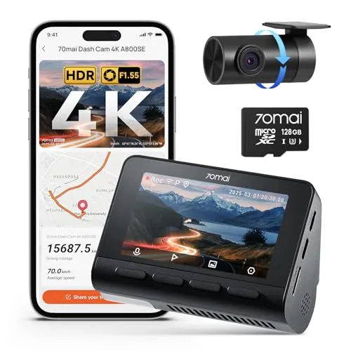 70mai A800SE Dashcam Auto Vorne Hinten 4K HDR 2160P+1080P mit 128GB SD Karte, Dual Autokamera 3