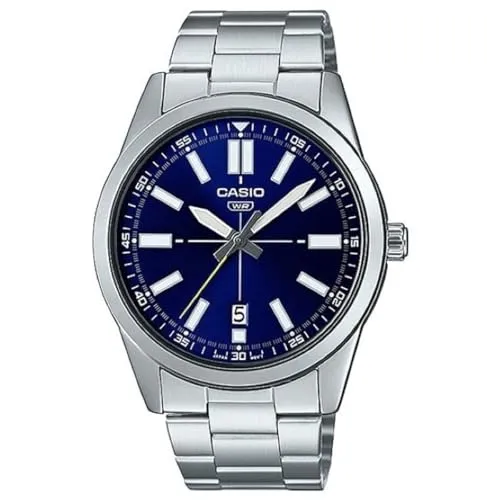 Casio Uhr Collection MTP-VD02D-2EUDF - Armbanduhr mit edlem Stahlumschlag und hochwertigem Ledergürtel, Quarzwerk für präzise Zeitmessung und Datum-Funktion, ideal für stilbewusste Männer.