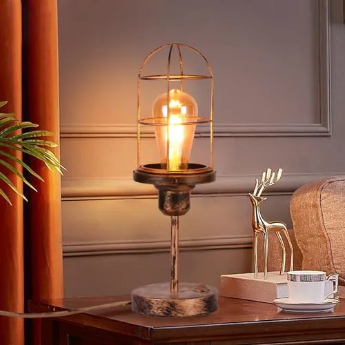 TWSXTE E27 Vintage Industrie Tischlampe Nachttischlampe Leselampe Retro Industrielampe LED Käfigleuchte Metall Tischlampe Dekorative (Rostfarbe) (ohne Glühbirne)