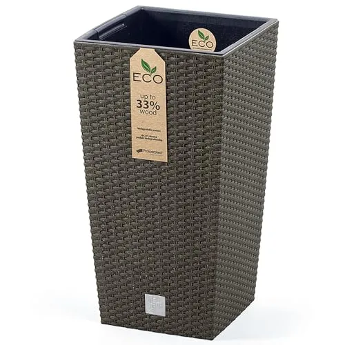 Pflanztopf aus Kunststoff wetterfest - H 37,6 cm inkl. Innentopf Pflanzkübel im Natur-Look - Blumentopf - Blumenübertopf wetterfest für Innen und Außen Größe Ø 20 cm / H 37,6 cm, Farbe eco-Kaffee
