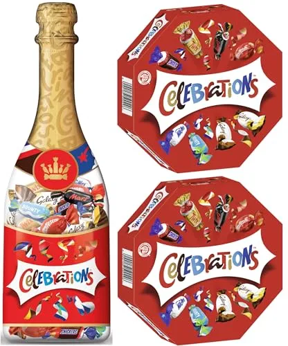 Celebrations Party-Mix – 296g Flasche & 2x 269g Geschenkbox - Vielseitiger Party-Mix mit einer 296g Flasche und zwei 269g Packungen Mini-Schokoriegeln. Ideal zum Teilen oder als süße Auszeit. Stilvoll verpackt, perfekt als Geschenk für jeden Anlass!