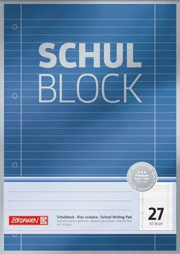 Brunnen 1052627 Schulblock/Notizblock Premium (A4, 50 Blatt, liniert, mit Randlinien, Lineatur 27, gelocht, kopfverleimt, 90g/m²)
