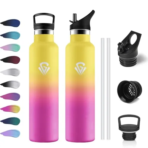 Edelstahl Trinkflasche 1L, Thermoskanne mit Strohhalm, Metall Wasserflasche Doppelwandig Isoliert, BPA-Frei, Kohlensäure Geeignet, Isolierflasche für Picknick, Schule, Fitness, Sprudel, Büro