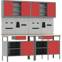 vidaXL 8-tlg. Werkbank-Set Rot Stahl - Werkstatteinrichtung mit stylishen Wandpaneelen aus hochwertigem Metallstahl, die bis zu 15 kg pro Paneel tragen. Ideal für Werkstätten, sorgt für Ordnung und schnellen Zugriff auf Werkzeuge.