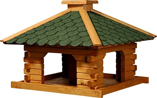 dobar® 45320e Vogelfutterhaus Blockhaus Quadratisch - Futterstationen für Wildvögel - Wetterfestes und handgefertigtes Vogelhaus aus Kiefernholz mit schützenden Bitumenschindeln für optimalen Wetterschutz.