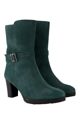 Ulla Popken Leder-Stiefeletten mit Schnalle und Wechselfußbett - Elegante Leder-Stiefelette aus Veloursleder mit seitlicher Schnalle. Praktische Zipper und anatomisches Wechsel-Fußbett für hohen Tragekomfort. Flexible Gummisohle mit 8,0 cm Blockabsatz.