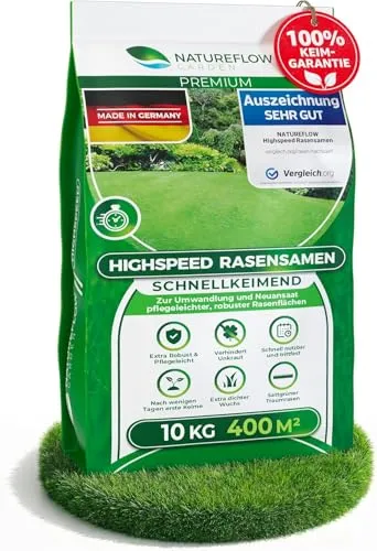 Rasensamen schnellkeimend Frühjahr 10kg - Premium Grassamen für sattgrünen Traumrasen - Gräsersamen & -pflanzen - Besonders schnellkeimend und ideal für einen dichten, robusten Rasen, der schnell nutzbar ist und Ihre Gartenflächen zum Strahlen bringt.