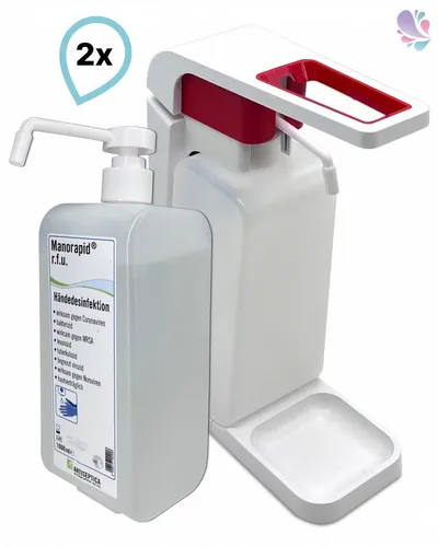 Blanc Hygienic Seifenspender mit 2x1L Desinfektion - Praktischer Blanc Hygienic Hebelspender für 1.000ml, inklusive 2x1L Hautdesinfektion. Ideal für hygienische Anwendungen in Schulen, Büros und Gastronomie mit anpassbarer Dosierung und einfacher Wandmontage.