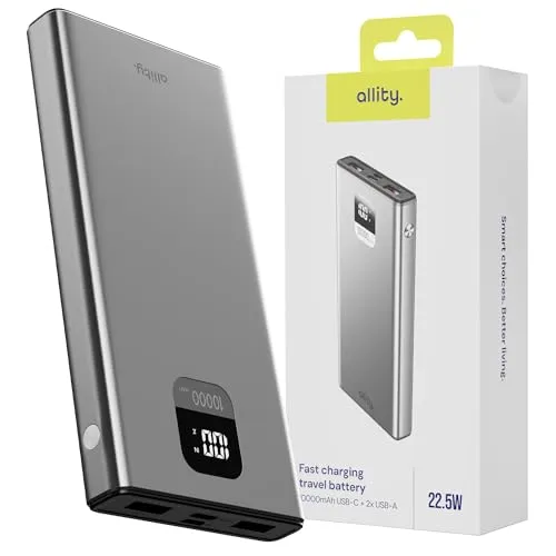 Allity Powerbank 10 000 mAh – 22,5W Schnellladegerät mit USB-C & 2X USB-A – Mobiler Akku mit LCD-Anzeige & Pass-Through – Power Bank für iPhone, Samsung, Android, Tablets – Grau