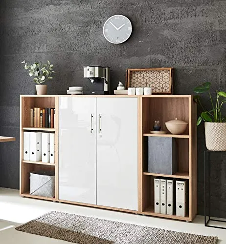 Schrankwand TABOR 2 Aktenschrank Büroschrank abschließbar in diversen Farbvarianten (Sonoma Eiche/weiß Hochglanz)