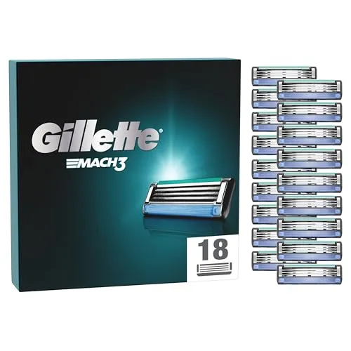 Gillette Mach3 Rasierklingen 18 Ersatzteile - Herren Rasierklingen mit 3 Klingen für eine gründliche und komfortable Rasur, ausgestattet mit Mikroschutzklappen für weniger Hautirritationen.