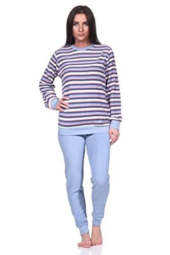 Normann Damen Frottee Schlafanzug lang in Streifen-Optik, hellblau, Größe 40-42 - Weicher Frottee Schlafanzug für Damen, ideal für kalte Tage. Lockere Passform und Bündchen sorgen für optimalen Komfort. Maschinenwaschbar bei 60°C. Markenqualität von Normann seit 1903.