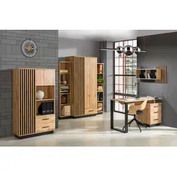 Büro Lamelo 6-teiliges Büromöbel Set in Eiche Wotan und Schwarz matt - Komplettes Büroset für Home Office: Schreibtisch, Aktenschrank und Regale bieten viel Stauraum und schaffen eine moderne Arbeitsumgebung.
