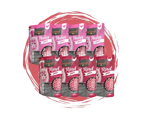 Leonardo Catfood Leonardo Frischebeutel Bundle - 8x85g verschiedene Sorten im Mixpaket 4x Huhn Pur und 4x Rind Pur
