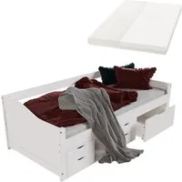 Juskys Funktionsbett Nalu 90x200 cm - Stauraumbett mit Matratze & Lattenrost - Stylisches Funktionsbett Nalu 90x200 cm in Weiß, inklusive Matratze und Lattenrost. Optimal für Kinderzimmer und Gästezimmer, bietet zusätzlich praktischen Stauraum!