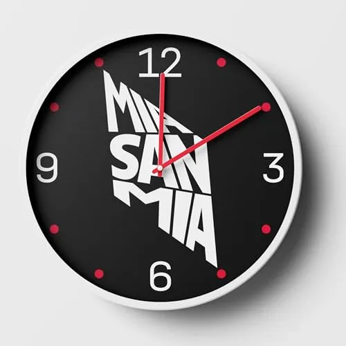 K&L Wall Art FCB Fußball Wanduhr FC Bayern München Uhr Rekordmeister Jungenzimmer lautlos ohne Ticken (Mia San Mia Slogan, 30 cm)