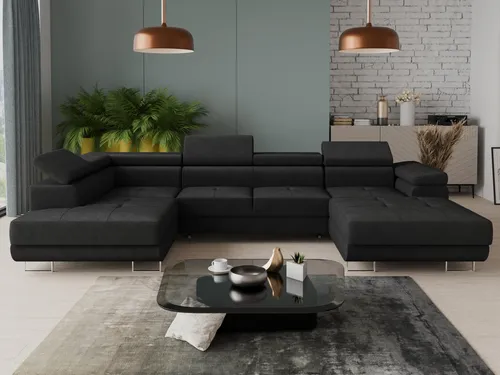 Wohnlandschaft Caris U mit Schlaffunktion - Ecksofa mit zwei Bettkästen und einstellbaren Kopfstützen, ideal für flexible Nutzung im Wohnzimmer. Hochwertiger Velours-Stoff für optimalen Komfort.
