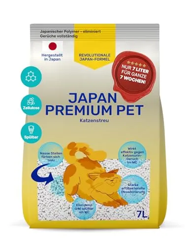 Japan Premium Pet Katzenstreu Klumpend| Klumpstreu für Katzen| Katzenstreu| 100% pflanzliche Katzen Klumpstreu Avec Maximum Saugkraft| Cellulose-Polymère-Granulé| (Indicateur Bleu)| 7L