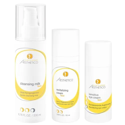 AESTHETICO Cleansing Milk + Revitalizing Cream + Sensitive Eye Cream Sparset – Sanfte Reinigung & Pflege für trockene, empfindliche & reife Haut | Mit Hyaluron, Jojobaöl & Panthenol | Vegan & dermatol