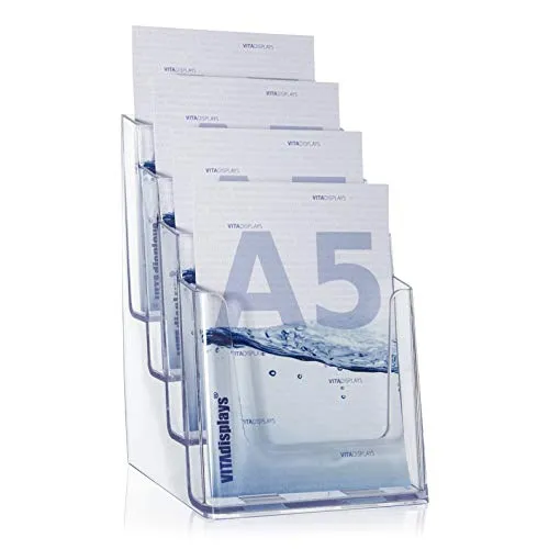 DIN A5 Tischprospektständer mit vier Etagen, Flyerständer, transparenter Flyerhalter und Prospekthalter, Prospektständer, Tisch-Prospektständer für A5 Flyer, Prospekte, optionale Wandmontage