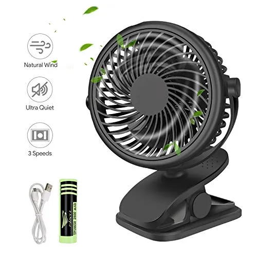Qhui Mini USB Ventilator, Tragbarer Clip Tischventilator mit 3000mAh Wiederaufladbare Batterie, 3 Geschwindigkeitsstufen, 360° Drehung Leise Tischventilatoren Klein für Schlafzimmer, Büro, Kinderwagen