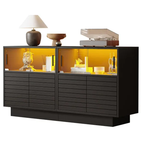 Sideboard mit 2 Kabinett, 4 Fächern, Glastüren, Beistellschrank mit LED-Licht, Wohnraumschrank mit viel Stauraum, modernes highboard