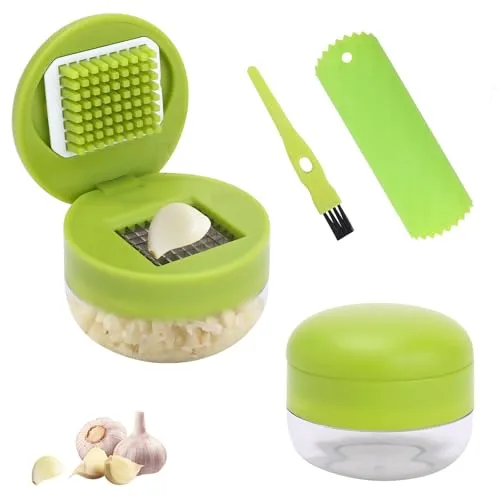 Foyucool 2 Stück Knoblauchschneider & Knoblauchpresse für perfekte Würfel | Zerkleinerer Set mit Edelstahlklingen für Ingwer, Inklusive Auffangbehälter, Silikonschäler & Bürste