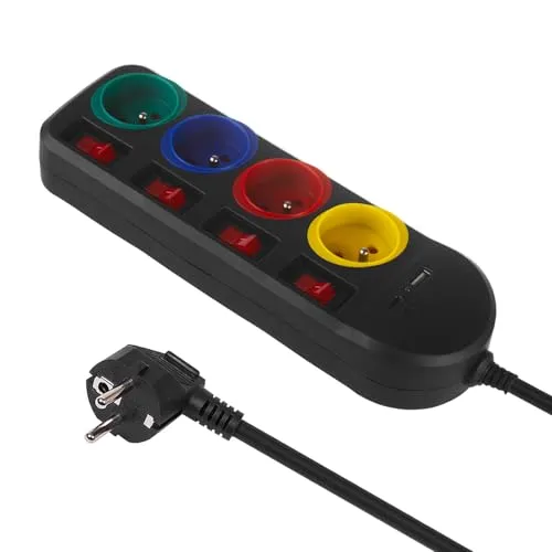 Maclean 4-Fach Steckdosenleiste Typ-E mit 2X USB-Anschlüssen (A und C) 5V/3.1A QC 2.0, USB-C 18W PD | Mehrfachsteckdose,Max. 2500 W 10A,1,5m Kabel (Schwarz/Mehrfarbig, 4-Fach Steckdosenleiste)