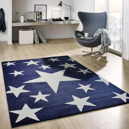 VIMODA Teppich Kurzflor Sterne Himmel Modern Blau Weiß Jugendzimmer für kinderzimmer, Wohnzimmer, Maße:80x150 cm