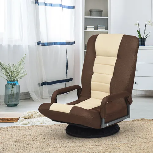COSTWAY Relaxsessel 360° drehbar, Bodensessel mit 6-Fach verstellbarer Rückenlehne, Liegestuhl bis 140kg belastbar, Bodenstuhl Sessel gepolstert, Braun+Beige