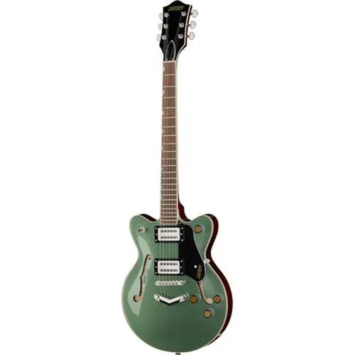 Gretsch G2655 Streamliner Center Block Jr Double-Cut V-Stoptail Steel Olive - Halbakustische E-Gitarre mit kompaktem Double-Cut-Korpus und massiven Centerblock für warmen Klang. Ideal für Blues und Rock, mit komfortablem Handling und lebhaftem Sound dank Gretsch Broad'Tron Humbucker.