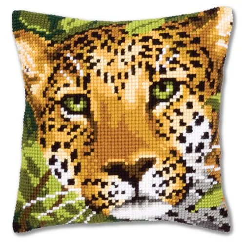 Vervaco PN-0144823 Kreuzstichkissen Leopard - Kreuzstichkissen (40x40cm) für kreative Bastler, ideal für Kinder ab 7 Jahren. Hergestellt in Belgien aus hochwertigem Polyacryl und Baumwolle.