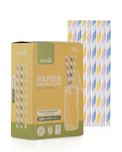 Sovie Strohhalme Papier Pastell Gestreift - Trinkhalme Plastikfrei, FSC-zertifiziert, Made in EU, Biologisch Abbaubar - Ø 8mm - 20cm Länge - 150 Stück