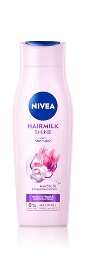 NIVEA Hairmilk Shine Glanz Shampoo (250 ml), Pflegeshampoo ohne Silikone* für trockene Haare mit Mandelöl & Magnolien-Extrakt, Haarshampoo pflegt und regeneriert intensiv