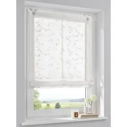 Raffrollo Ösenrollo Liv Weiss K 60/140 - Raffrollo mit dekorativem Rankenmuster, 100% Polyester, waschbar bei 30°C. Einfache Montage ohne Schrauben und Bohren – einfach einhängen und fertig!