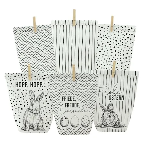 Papierdrachen 12 schwarz bedruckte Geschenktüten zu Ostern - weiße Tüten - Frohe Ostern - ideale Geschenkidee oder Oster Dekoration - mit Holzklammern | zum Basteln und Verschenken
