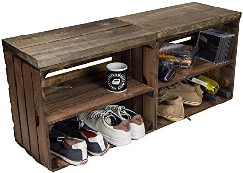 Kistenkolli Altes Land 2er Set Obstkiste aus Holz & Holzplanken Schuhschrank Hocker Sitzbank Weinablage Weinschrank Holzbank Regalkiste 50 x 29 x 43cm L x T x H