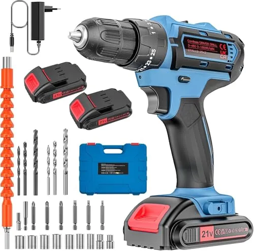 Akkuschrauber Set 21V mit Koffer - Akkuschrauber mit 2*2000mAh Akkus, 25+3 Drehmomentstufen und 2-Gang-Geschwindigkeit für vielseitige Anwendungen, ideal für Heimwerkerprojekte.