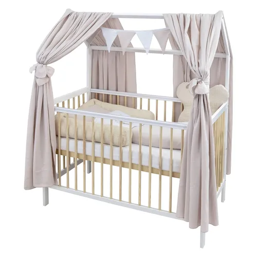 Baby-Delux Hausbett 60x120 cm mit Matratze & Himmel - Sicheres Hausbett aus robustem Kiefernholz, mit herausnehmbaren Schlupfsprossen und höhenverstellbarem Lattenrost. Inklusive hochwertigem Bettwäsche-Set und dekorativem Himmel für ein gemütliches Kinderzimmer.