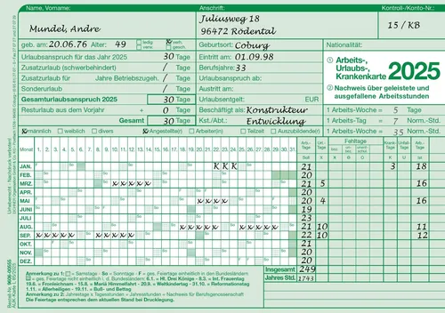 EICHNER Urlaubskarte 2025 Arbeits-, Urlaubs- und Krankenzeiten, VE 20 Stück