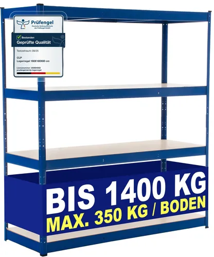 CLP Lagerregal 160x180 cm - Stabil und Belastbar - Lagerregal aus verzinktem Metall mit vier höhenverstellbaren Böden, je bis 350 kg belastbar. Ideal für schwere Gegenstände in Lager, Keller oder Garage. Werkzeugfreie Montage für schnellen Aufbau!