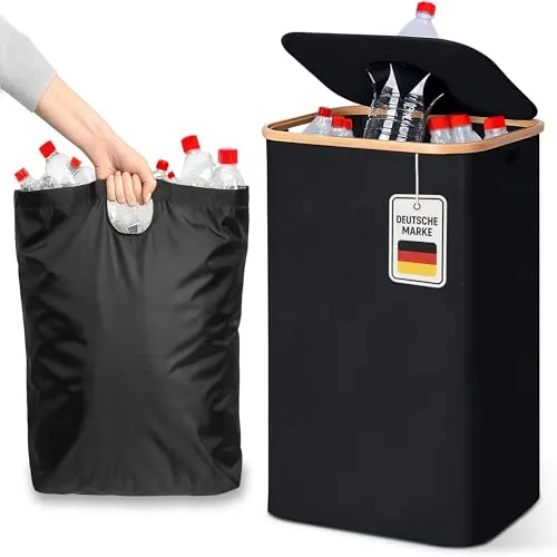 Roxlin Pfandflaschen Sammelbehälter mit Deckel – Groß - Aufbewahrungsbehälter mit Deckel für 100L Flaschen und Dosen. Bequemes Deckeldesign und herausnehmbarer Innensack für einfache Handhabung. Langlebig und wasserfest, ideal für Küche oder Garage.