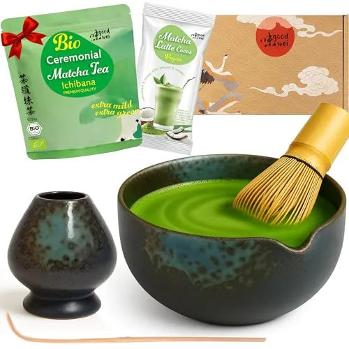 Goodwei Matcha-Set mit hochwertiger Keramikschale und Zubehör - Vollständiges Set für die Teezeremonie mit handgefertigter Schale, Matcha-Besen und 20 g Bio-Matcha. Ideal für cremigen Matcha Latte und perfekt als Geschenk für Teeliebhaber.