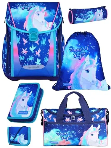 Familando PREMIUM Mädchen Schulranzen 1. Klasse Einhorn Set 6-teilig in Blau/Rosa
