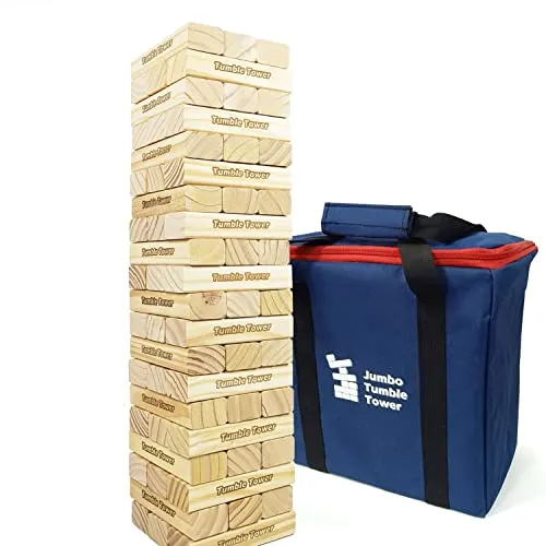 Jac & Mok Jumbo Tumble Tower-Wackelturm-Turm Spiel 60 Stück Kiefernholz Toppling Blocks Spielzeug mit Tragetasche