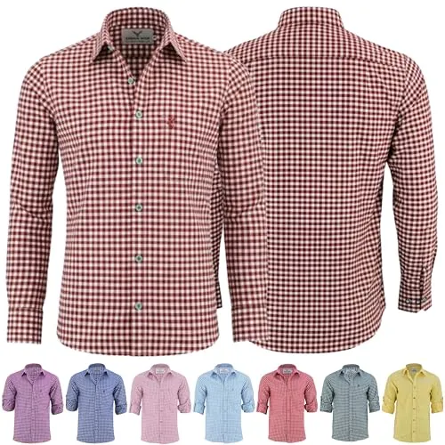 German Wear Trachtenhemden für Herren mit Langen Ärmeln, klassisches Karomuster, hochwertige bayerische Mode mit Hirsch-Stickerei und kardieten Ärmeln Weinrot- 4XL