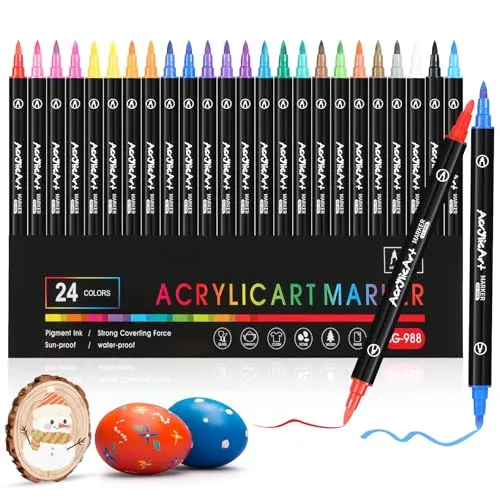 Diboniur 24 Farben Acrylstifte, Filzstifte Set Dual Brush Pen für Erwachsene, Acrylstifte Wasserfest Textilstifte, für Textil, Steine, Holz, Papier, Keramik, DIY