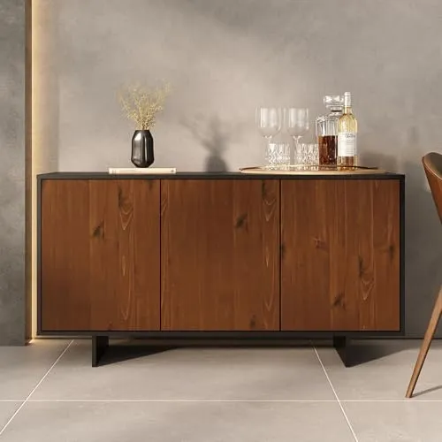 Sideboard ARTO mit 3 Türen, Kastanie farben - modernes Sideboard mit Stauraum, robuste Anrichte, ideal für Wohn-, Ess- oder Flurbereich, harmonische Kombination aus Holzoptik und schwarzem Rahmen