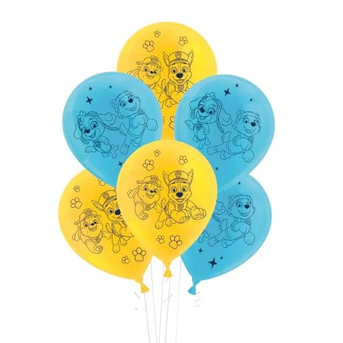 Party Factory Paw Patrol Set aus 10 gelben und blauen Latexballons, Ø25cm, verschiedene Druckmotive, für Luft oder Helium